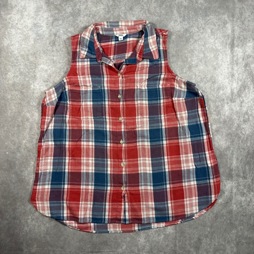 Sonoma Goods For Life Womens XL Red Blue Plaid Sleeveless Button Down Shirt